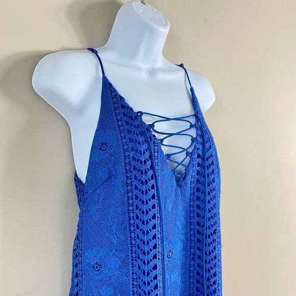 ASTR Dress Crochet Lace Floral Mini Shift Sleeveless Lace-Up V Neck Blue Boho S - Picture 5 of 7